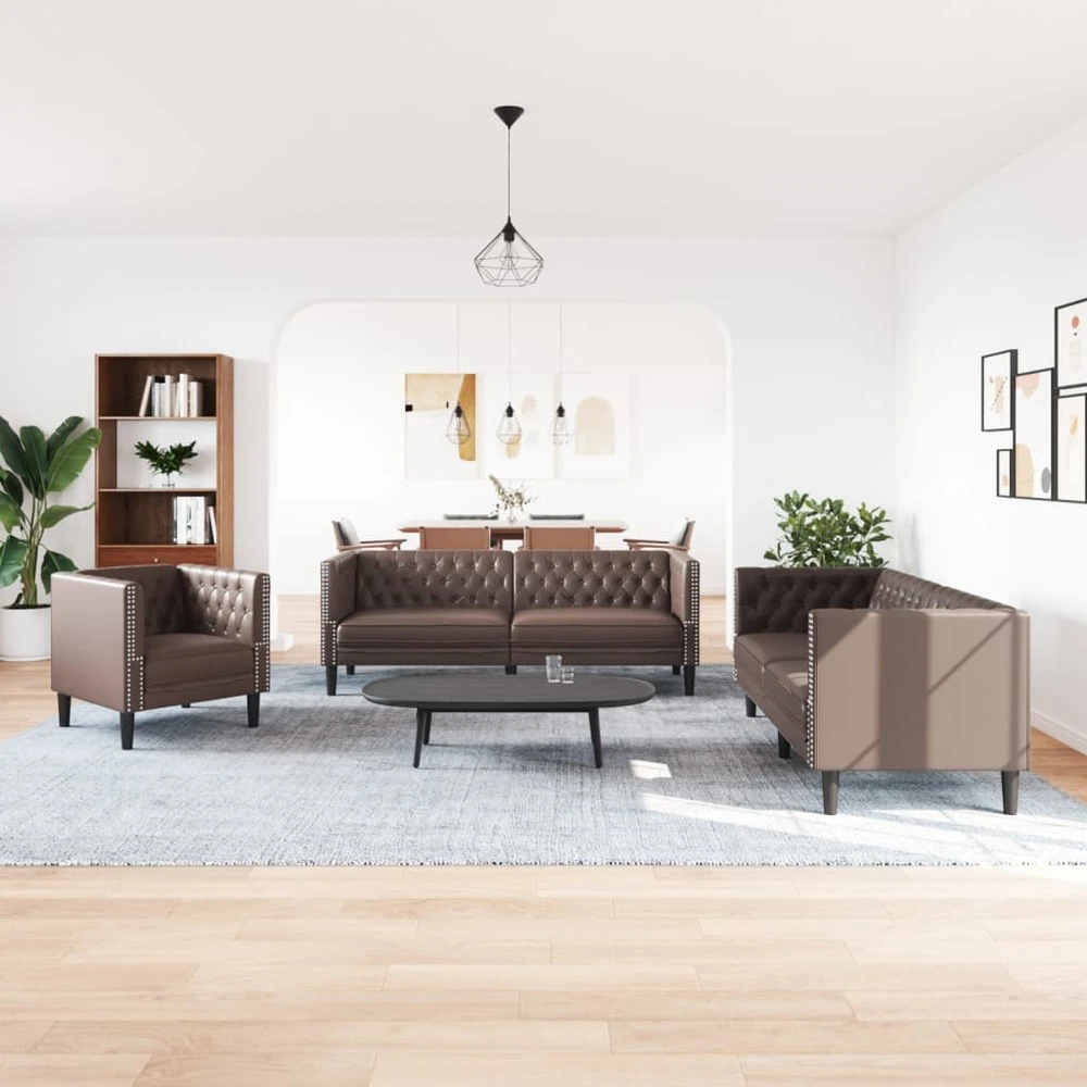 Sofa Chesterfield sofų komplektas, 3 dalių, rudas, dirbtinė oda