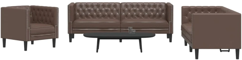 Sofa Chesterfield sofų komplektas, 3 dalių, rudas, dirbtinė oda