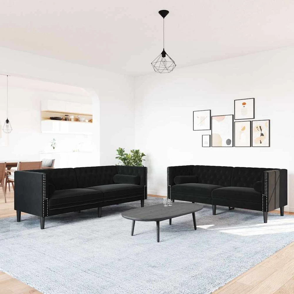 Sofa Chesterfield sofų komplektas su pagalvėlėmis, 2 dalių, juoda