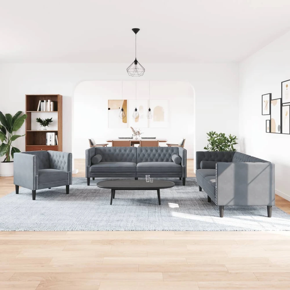 Sofa Chesterfield sofų komplektas su pagalvėlėmis, 3 dalių, pilka