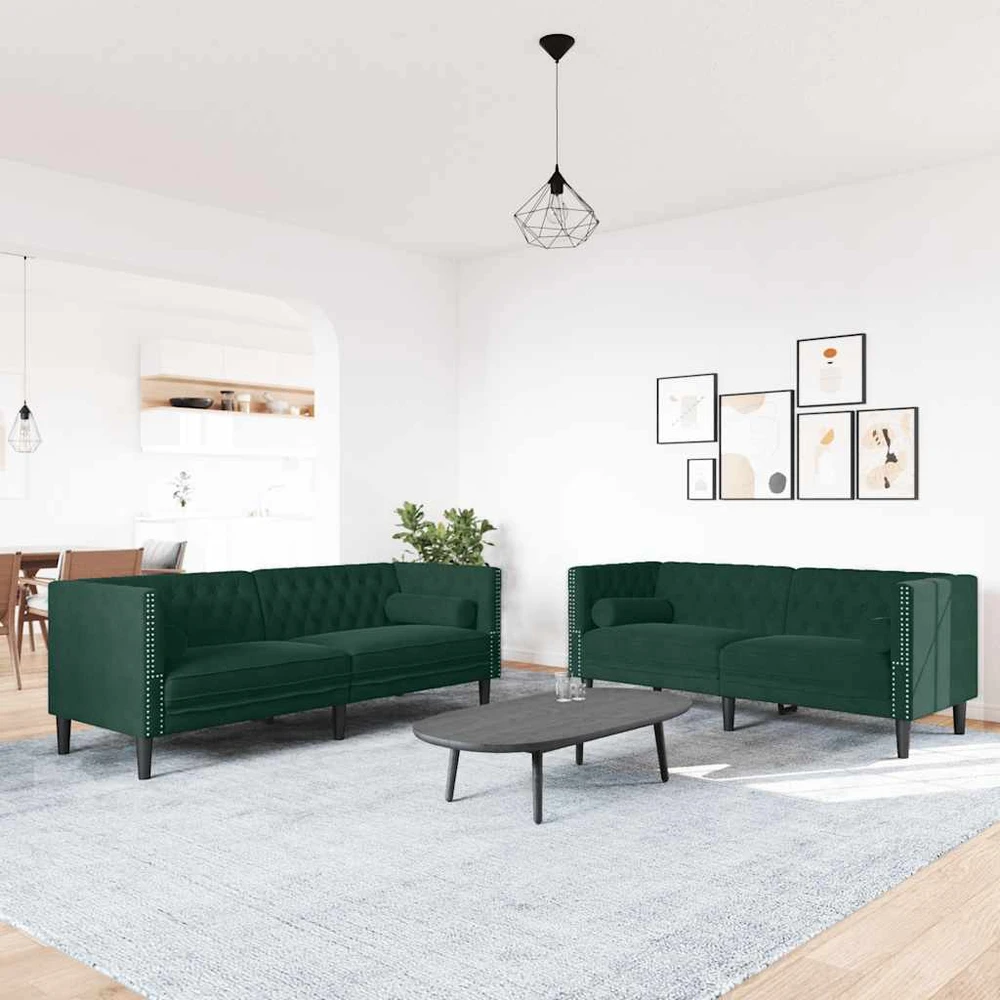 Sofa Chesterfield sofų komplektas su pagalvėlėmis, 2 dalių, žalia