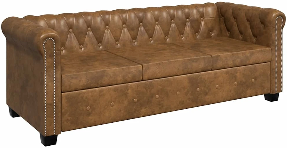 Chesterfield trivietė sofa, dirbtinė oda, ruda