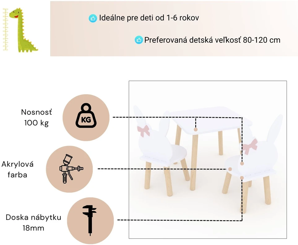 Dekormanda Kvadratinis zuikio formos stalas ir kėdutės kūdikiui, balta