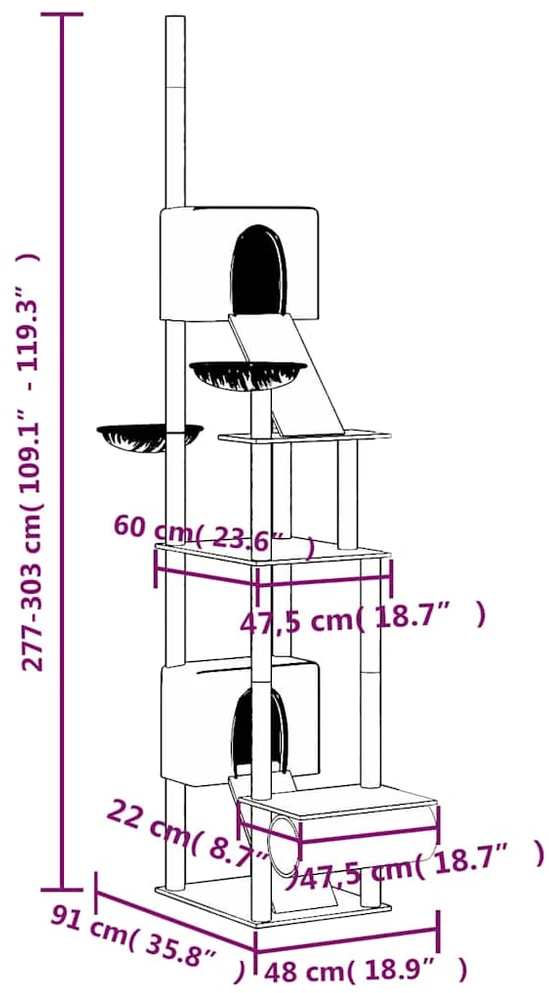Draskyklė katėms iki lubų, tamsiai pilkos spalvos, 277–303cm