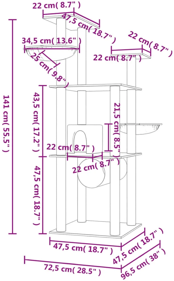 Draskyklė katėms su stovais iš sizalio, šviesiai pilka, 141cm