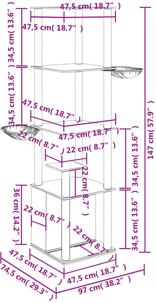 Draskyklė katėms su stovais iš sizalio, šviesiai pilka, 147cm