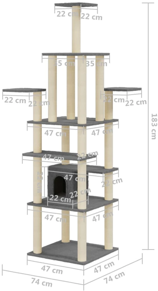 Draskyklė katėms su stovais iš sizalio, tamsiai pilka, 183cm