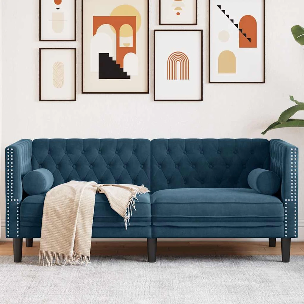Dvivietė chesterfield sofa su pagalvėlėmis, mėlyna, aksomas