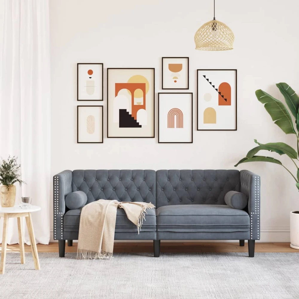 Dvivietė chesterfield sofa su pagalvėlėmis, pilka, aksomas