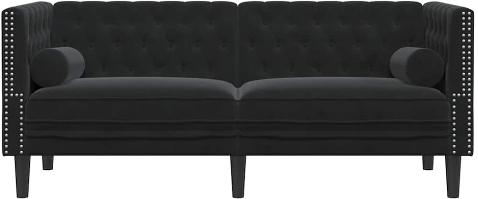 Dvivietė chesterfield sofa su pagalvėlėmis, juoda, aksomas