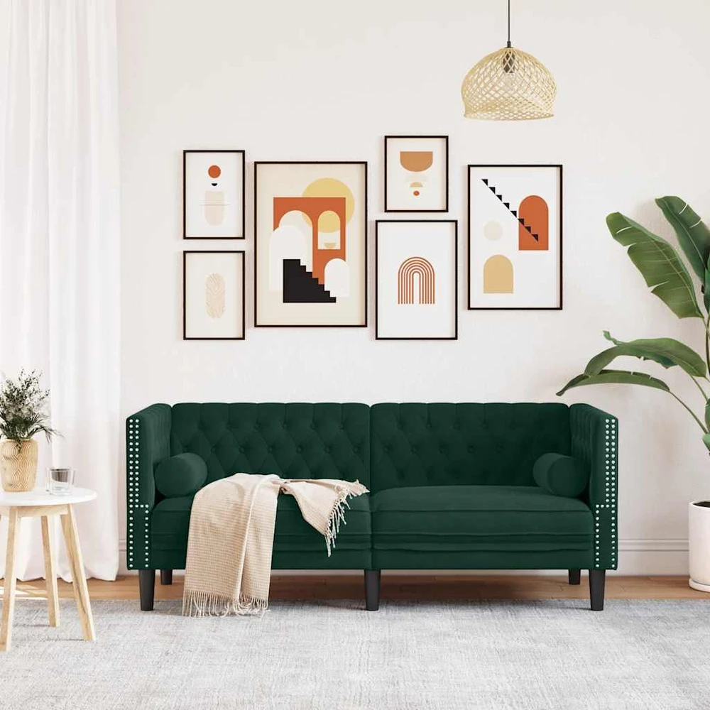 Dvivietė chesterfield sofa su pagalvėlėmis, žalia, aksomas