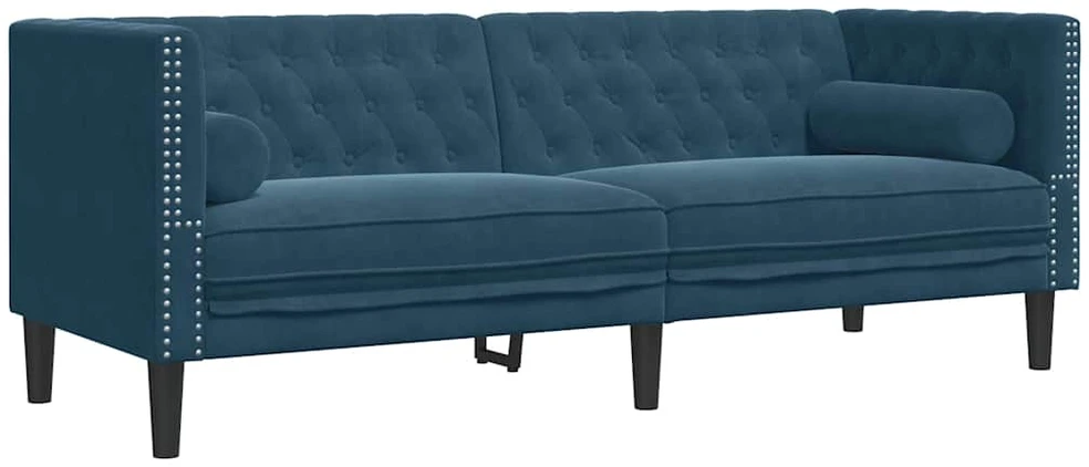 Dvivietė chesterfield sofa su pagalvėlėmis, mėlyna, aksomas