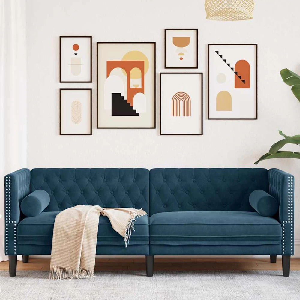 Dvivietė chesterfield sofa su pagalvėlėmis, mėlyna, aksomas