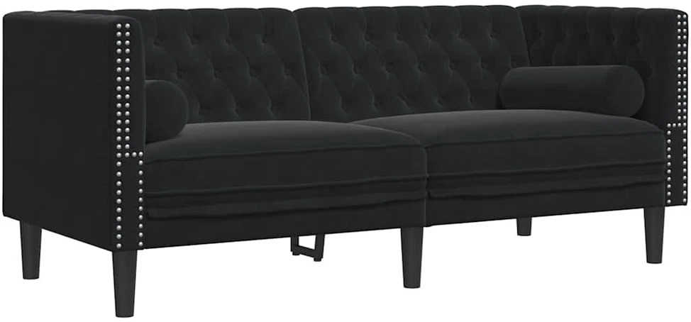 Dvivietė chesterfield sofa su pagalvėlėmis, juoda, aksomas