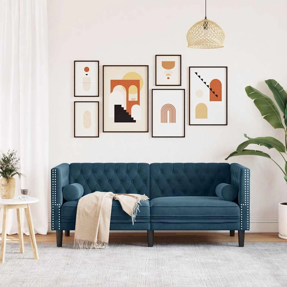 Dvivietė chesterfield sofa su pagalvėlėmis, mėlyna, aksomas