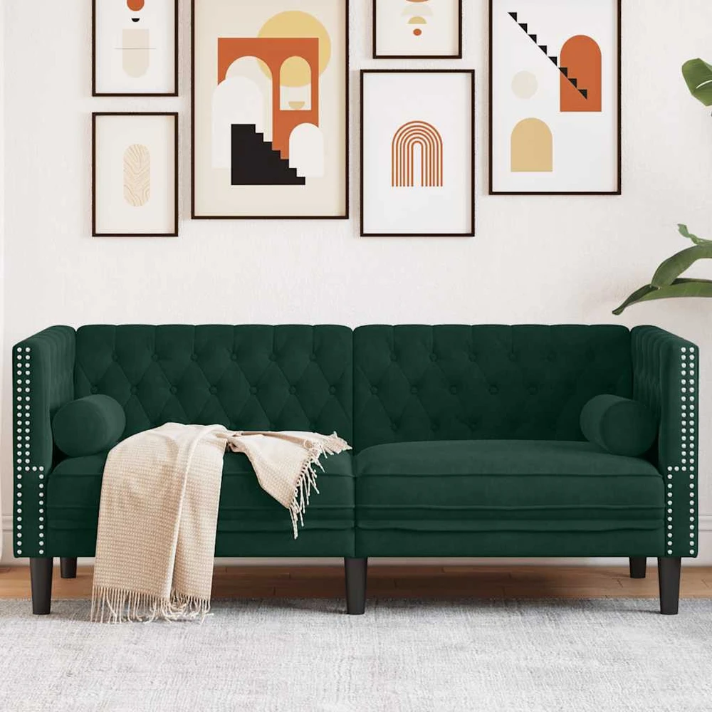Dvivietė chesterfield sofa su pagalvėlėmis, žalia, aksomas