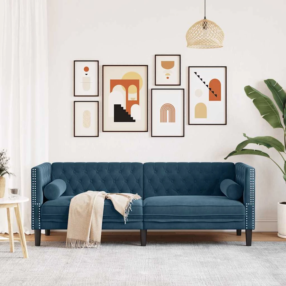 Dvivietė chesterfield sofa su pagalvėlėmis, mėlyna, aksomas