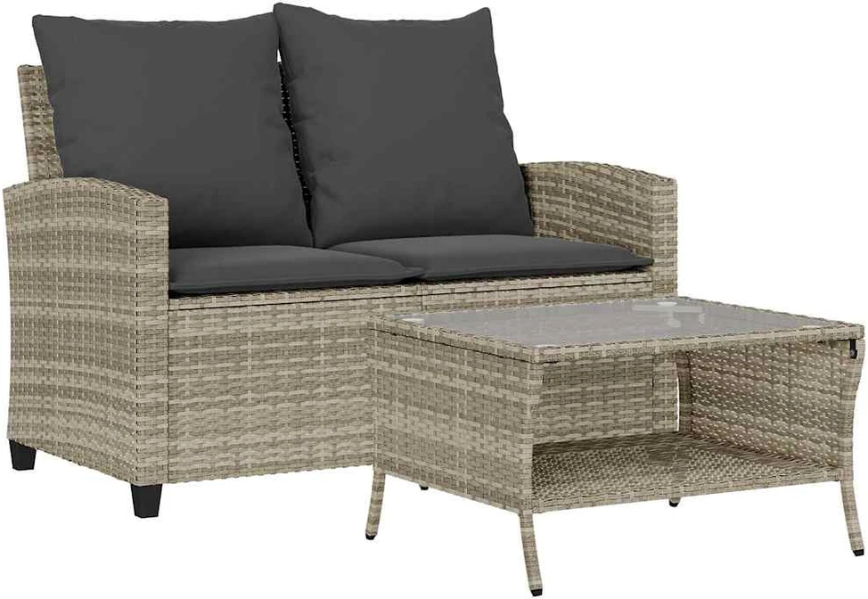 Dvivietė sodo sofa su pagalvėlėmis ir staliuku, šviesiai pilka