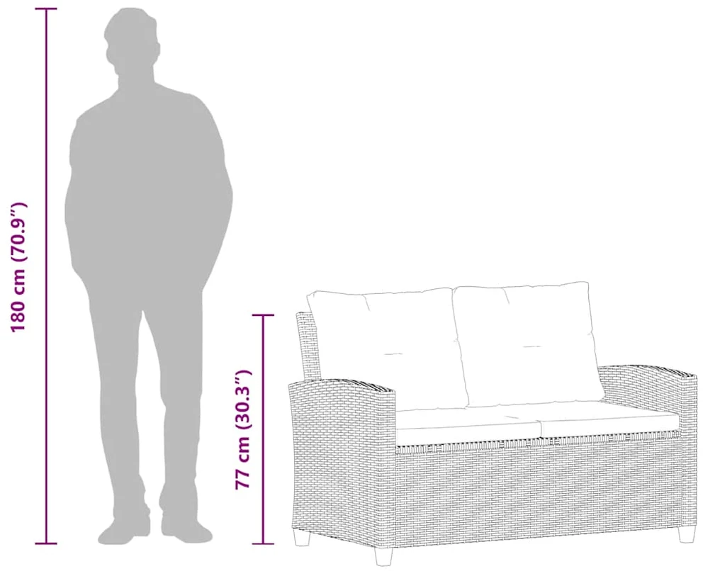 Dvivietė sodo sofa su pagalvėlėmis, juoda, 124cm, poliratanas