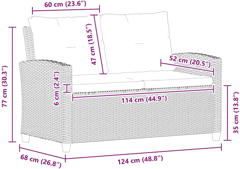 Dvivietė sodo sofa su pagalvėlėmis, juoda, 124cm, poliratanas