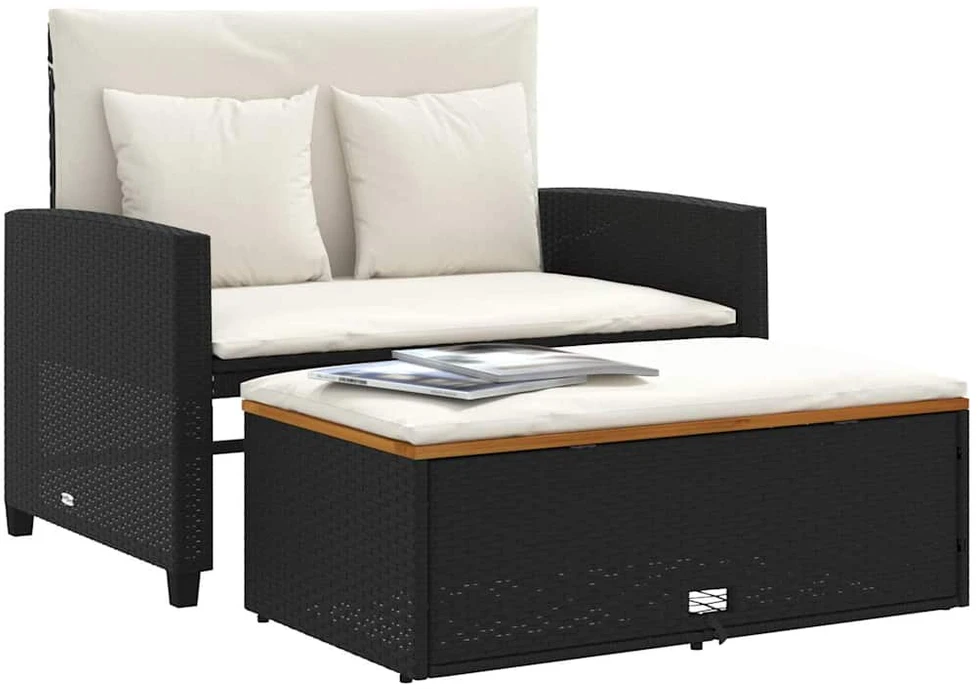 Dvivietė sodo sofa su pagalvėlėmis, juoda, poliratanas/akacija
