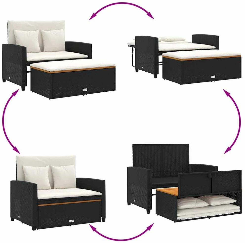 Dvivietė sodo sofa su pagalvėlėmis, juoda, poliratanas/akacija