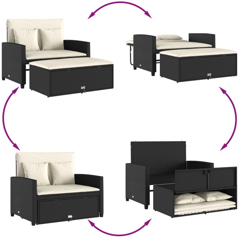 Dvivietė sodo sofa su pagalvėlėmis, juodos spalvos, poliratanas