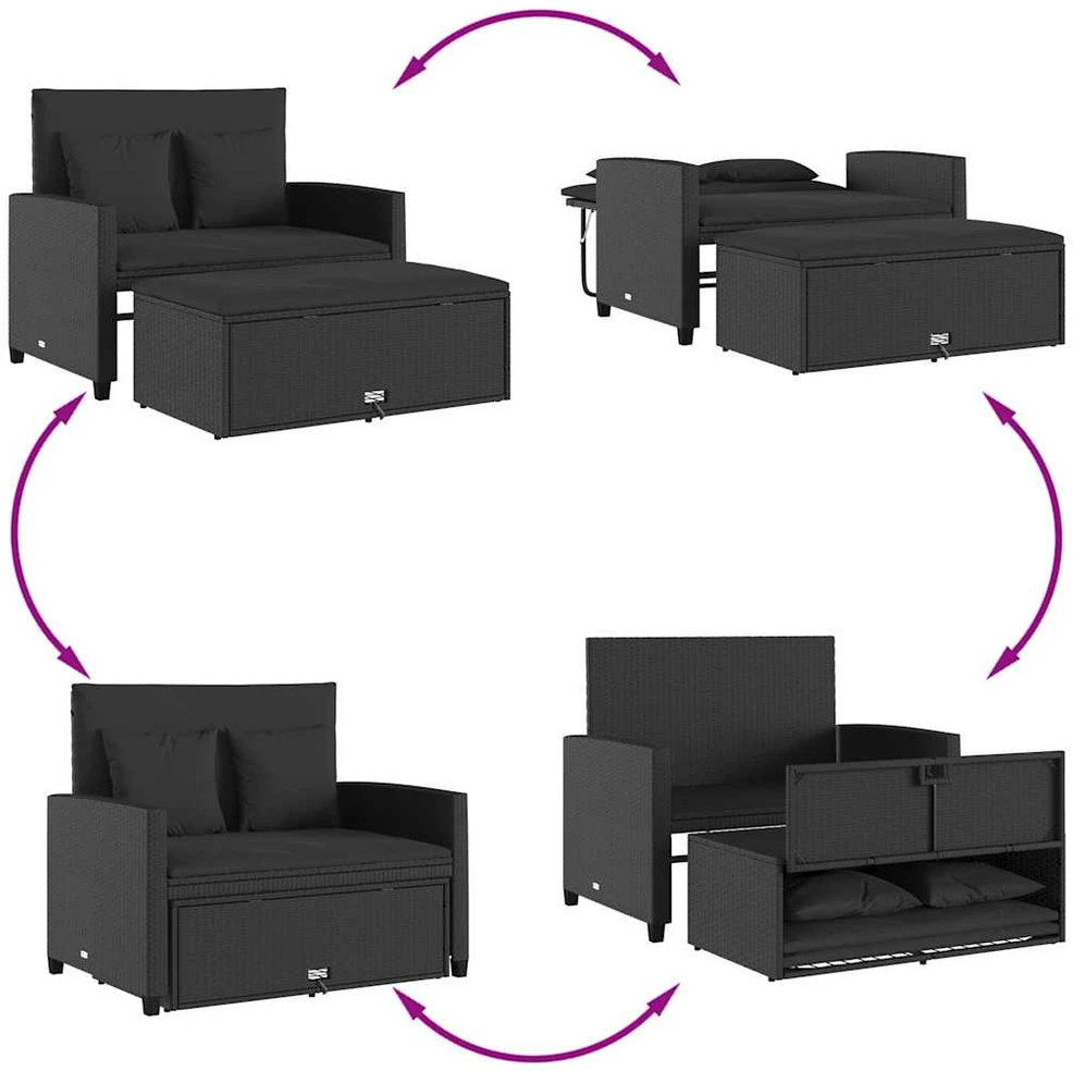 Dvivietė sodo sofa su pagalvėlėmis, juodos spalvos, poliratanas