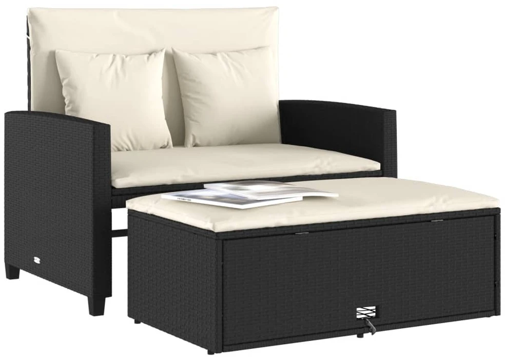 Dvivietė sodo sofa su pagalvėlėmis, juodos spalvos, poliratanas