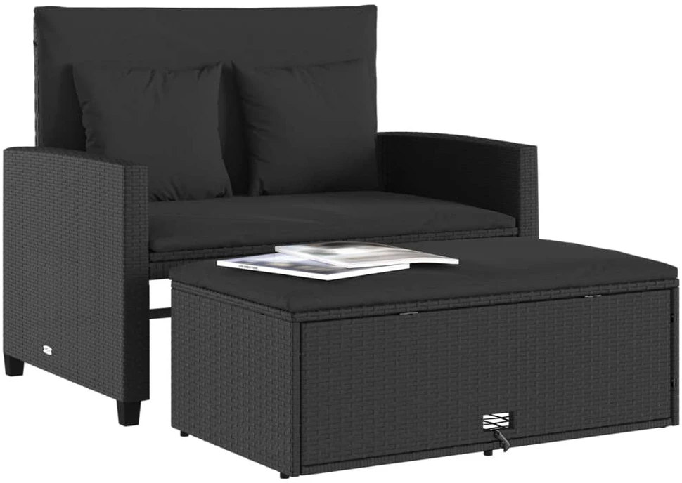 Dvivietė sodo sofa su pagalvėlėmis, juodos spalvos, poliratanas