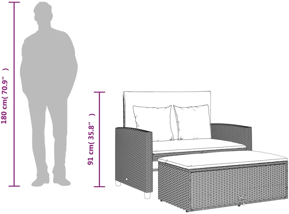 Dvivietė sodo sofa su pagalvėlėmis, šviesiai pilka, poliratanas
