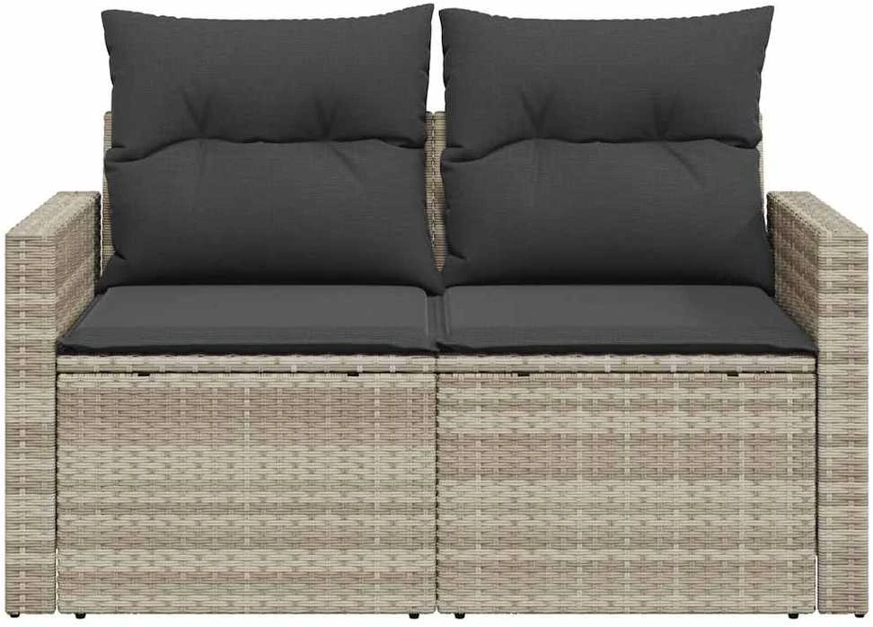Dvivietė sodo sofa su pagalvėlėmis, šviesiai pilka, poliratanas