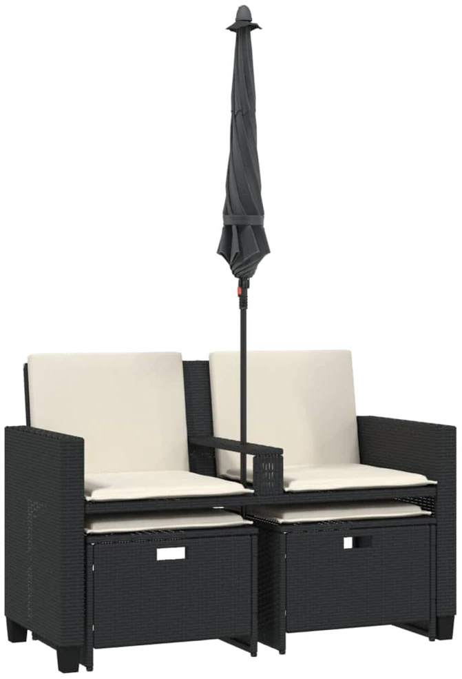 Dvivietė sodo sofa su skėčiu/taburetėmis, juoda, poliratanas