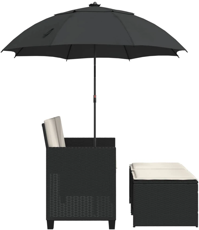 Dvivietė sodo sofa su skėčiu/taburetėmis, juoda, poliratanas