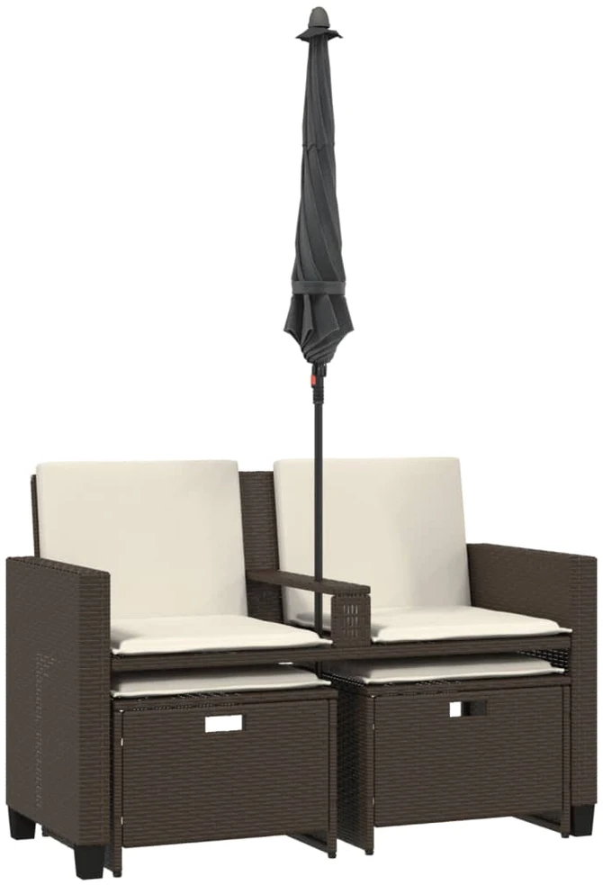 Dvivietė sodo sofa su skėčiu/taburetėmis, ruda, poliratanas