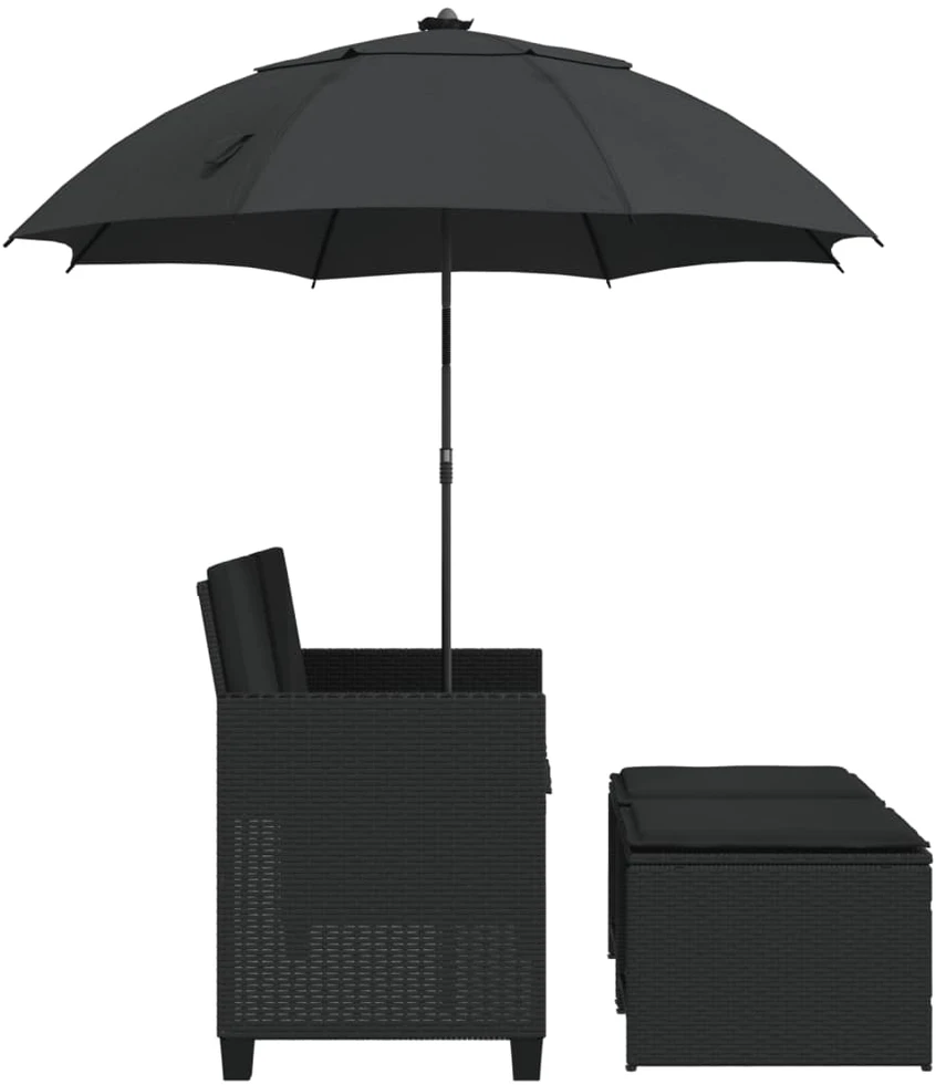 Dvivietė sodo sofa su skėčiu/taburetėmis, juoda, poliratanas