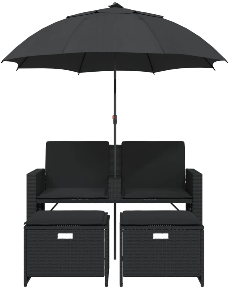 Dvivietė sodo sofa su skėčiu/taburetėmis, juoda, poliratanas