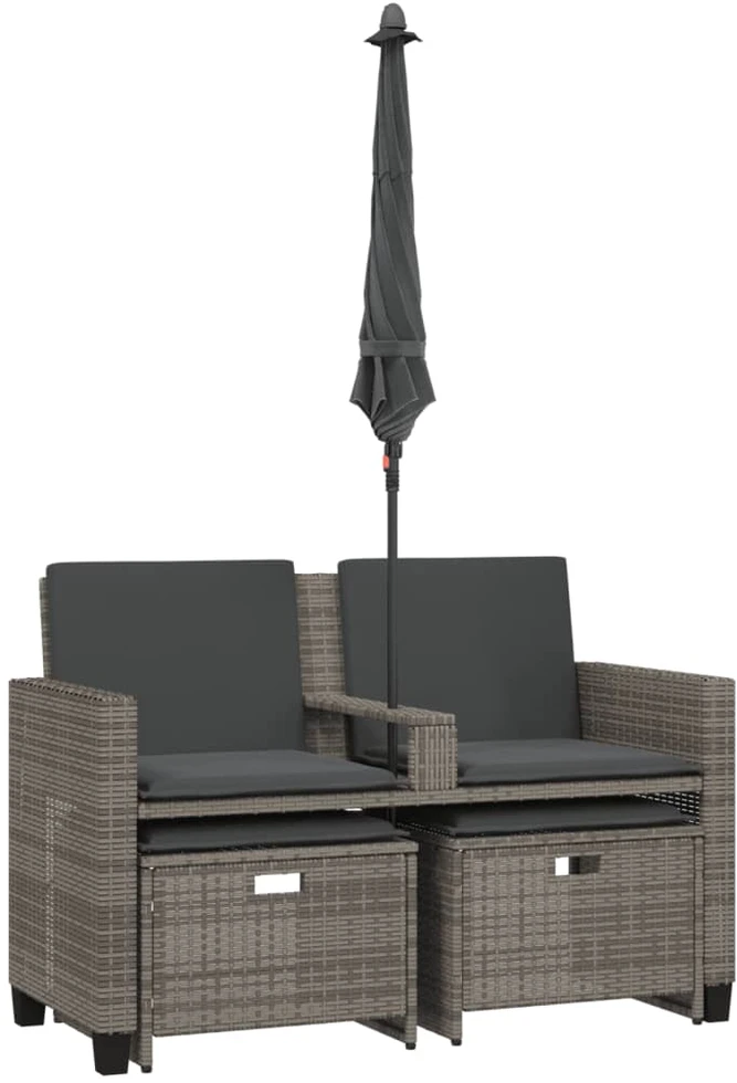 Dvivietė sodo sofa su skėčiu/taburetėmis, pilka, poliratanas