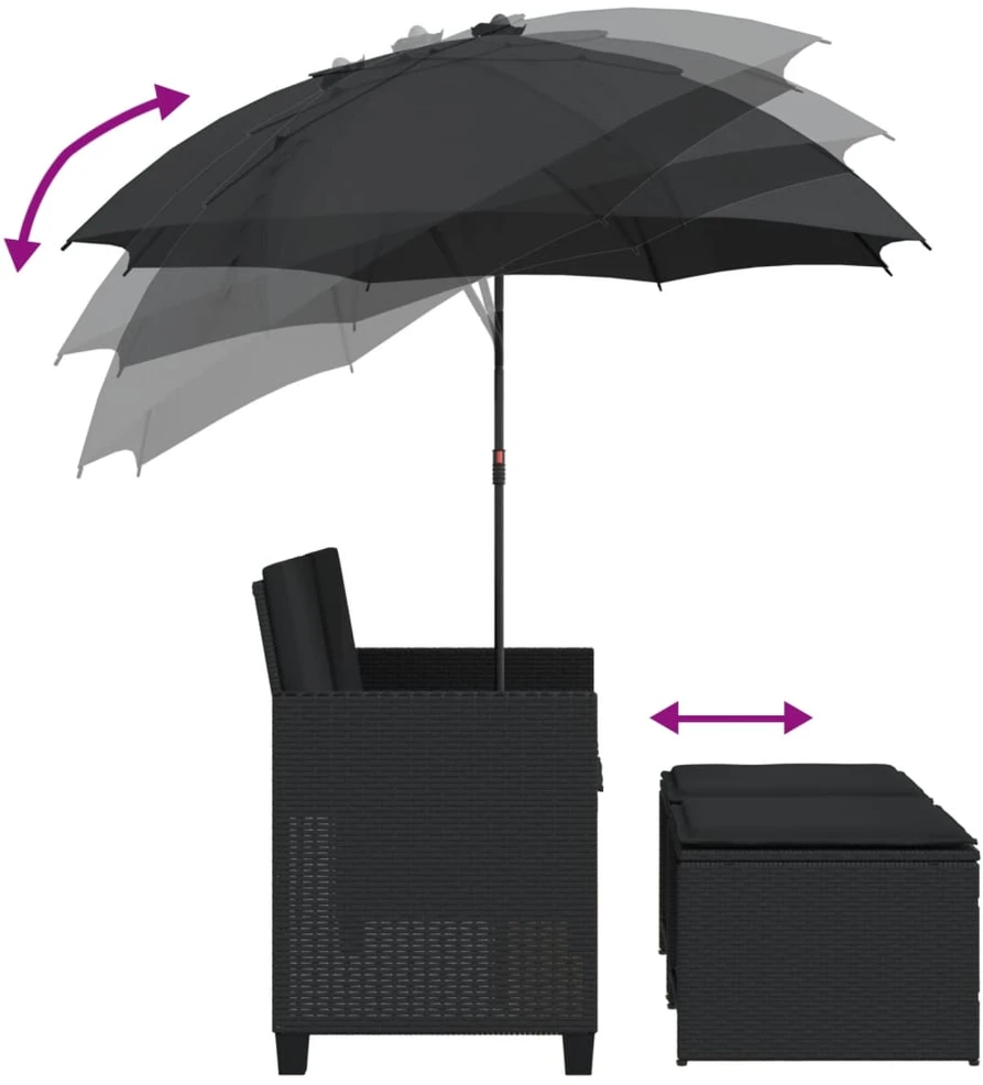 Dvivietė sodo sofa su skėčiu/taburetėmis, juoda, poliratanas