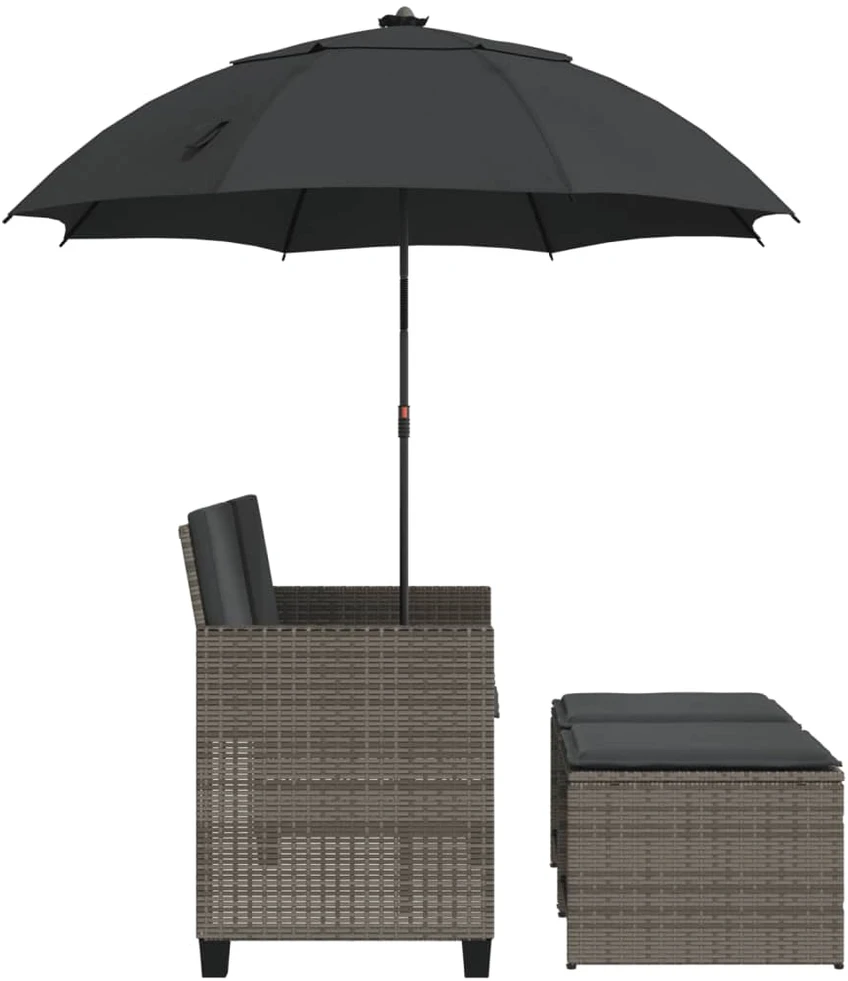 Dvivietė sodo sofa su skėčiu/taburetėmis, pilka, poliratanas