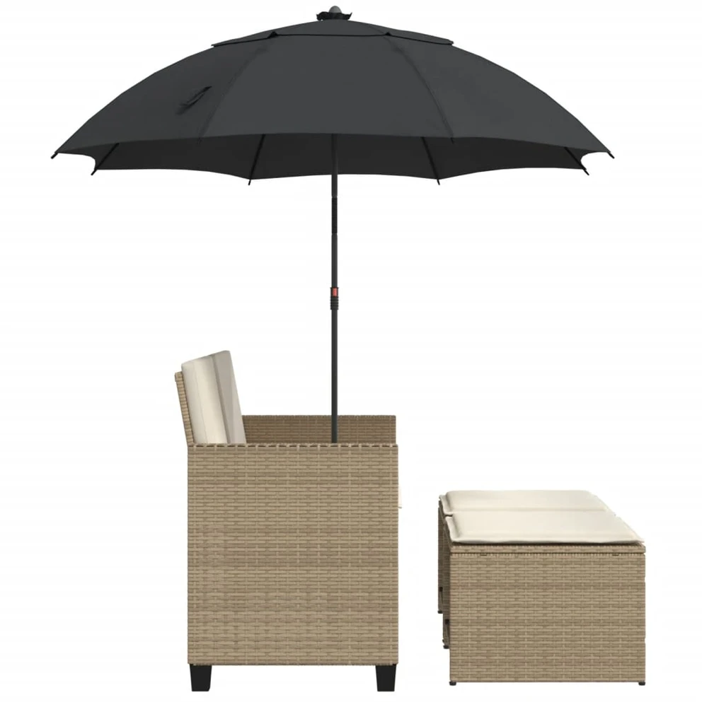 Dvivietė sodo sofa su skėčiu/taburetėmis, smėlio, poliratanas