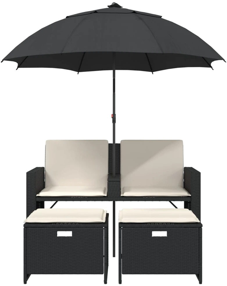 Dvivietė sodo sofa su skėčiu/taburetėmis, juoda, poliratanas