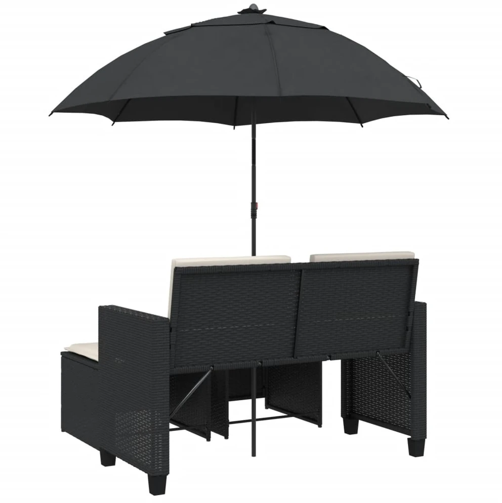 Dvivietė sodo sofa su skėčiu/taburetėmis, juoda, poliratanas