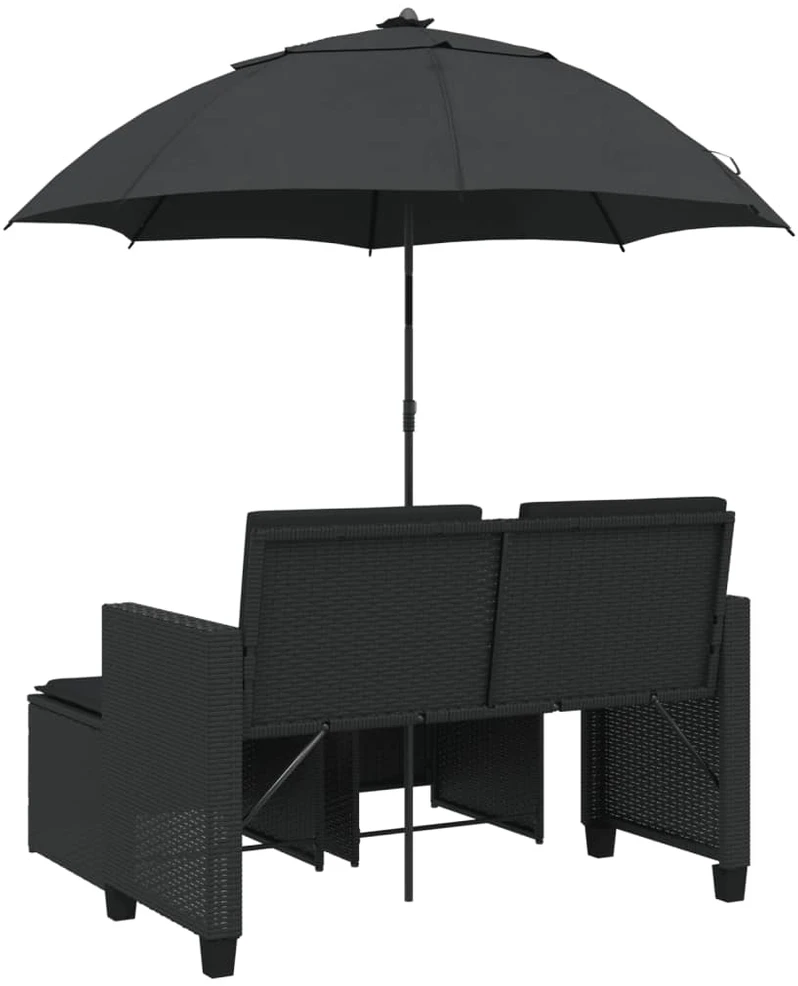 Dvivietė sodo sofa su skėčiu/taburetėmis, juoda, poliratanas
