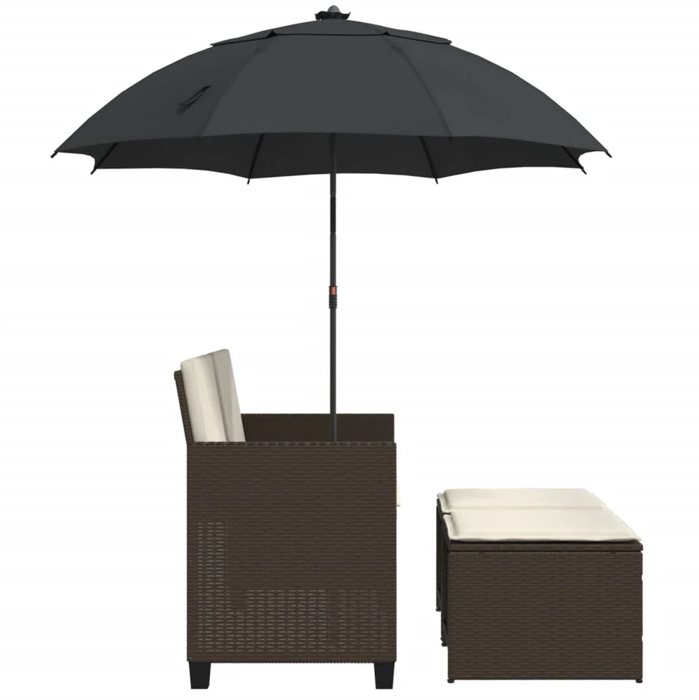Dvivietė sodo sofa su skėčiu/taburetėmis, ruda, poliratanas