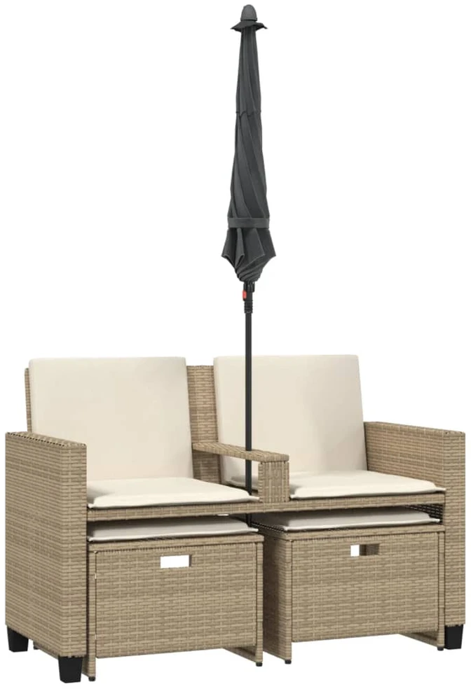 Dvivietė sodo sofa su skėčiu/taburetėmis, smėlio, poliratanas