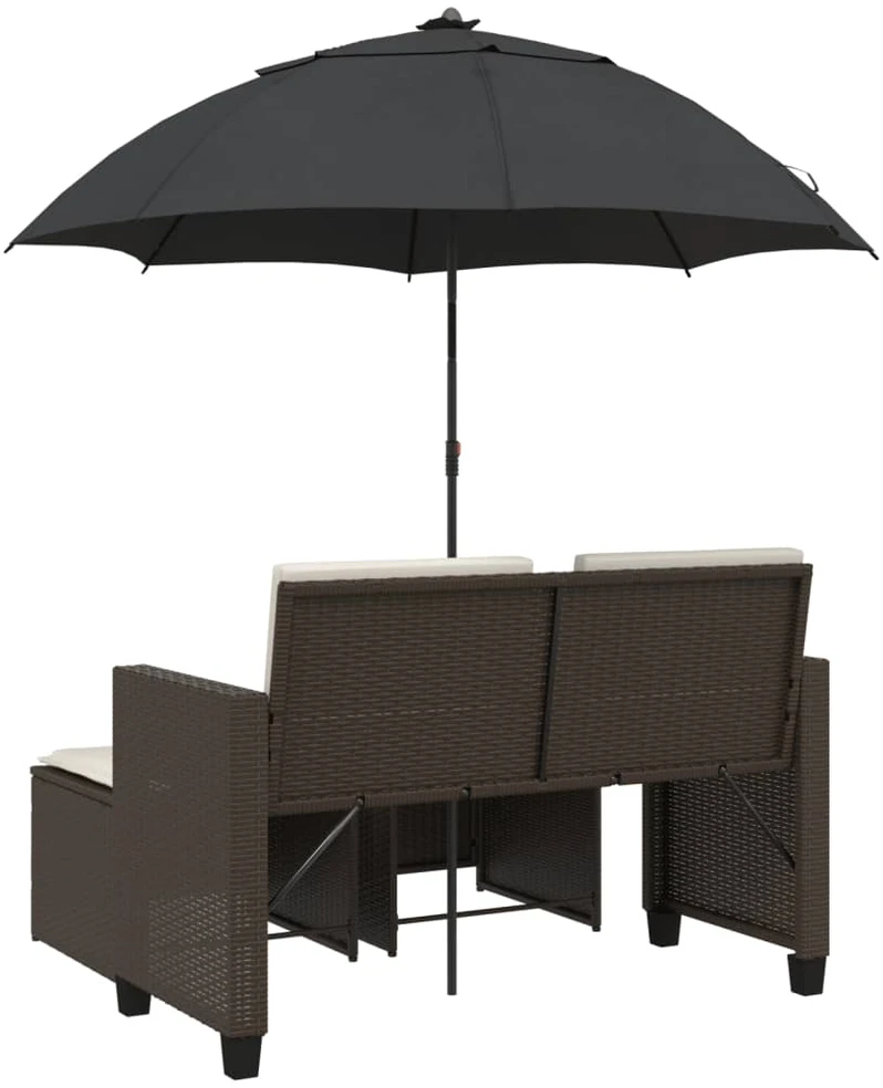 Dvivietė sodo sofa su skėčiu/taburetėmis, ruda, poliratanas