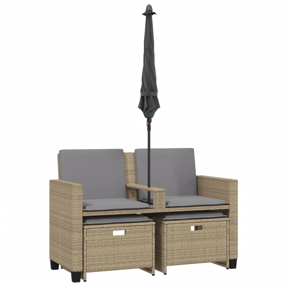 Dvivietė sodo sofa su skėčiu/taburetėmis, smėlio, poliratanas