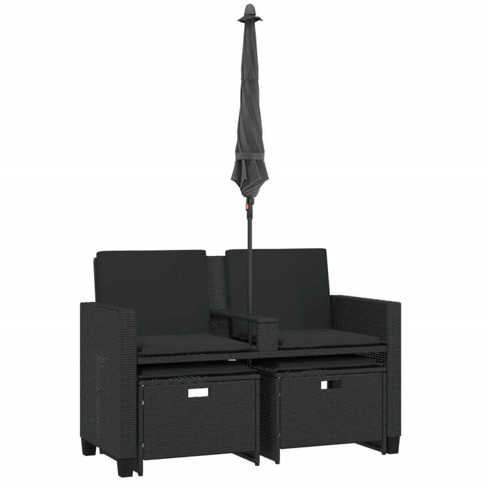Dvivietė sodo sofa su skėčiu/taburetėmis, juoda, poliratanas