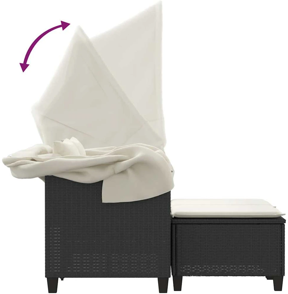 Dvivietė sodo sofa su skliautu/taburetėmis, juoda, poliratanas
